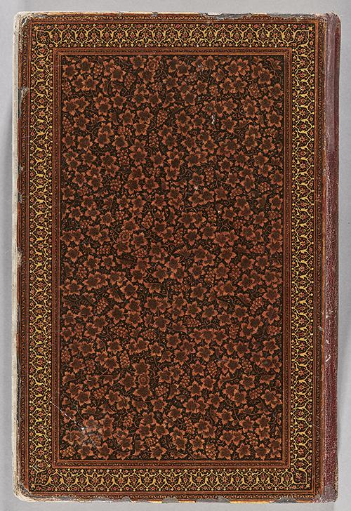 Front cover of lacquered binding with central black and orange floral designs and illuminated florals and scroll frame.